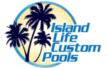 A logo of island life custom pools